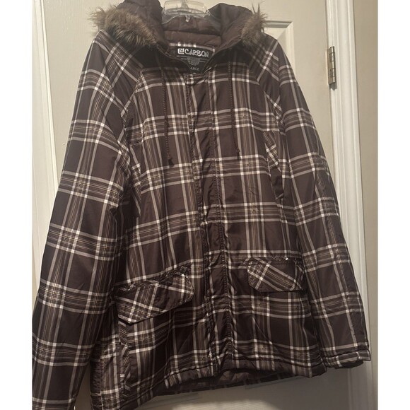 Carbon38 Coat Women's Large Brown Plaid Full Zip & Snaps Faux Sherpa Hooded - Picture 1 of 6